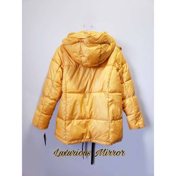 Steve Madden Women's Puffer Jacket Yellow Full Zip Hooded Mock Neck New Sz L - Picture 5 of 9